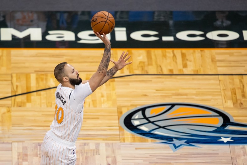 Mar 24, 2021; Orlando, Florida, USA; Orlando Magic guard Evan Fournier (10) attempts a shot during the first quarter of a game between the Phoenix Suns and the Orlando Magic at Amway Center. Mandatory Credit: Mary Holt-USA TODAY Sports