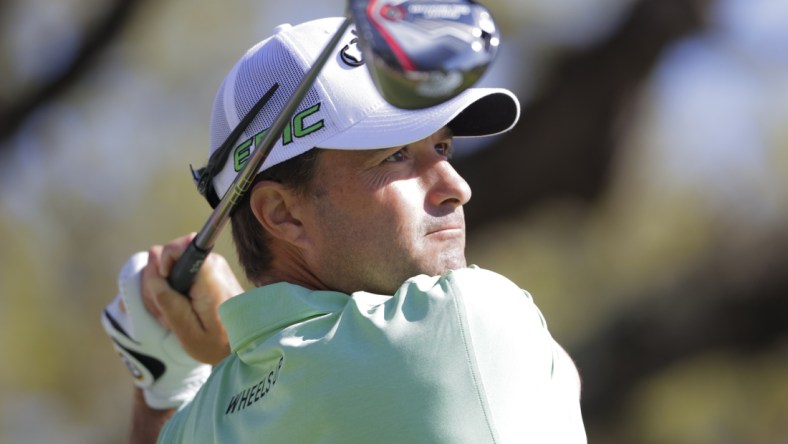 Mar 25, 2021; Austin, Texas, USA; Kevin Kisner on #1 tee box during the second day of the WGC Dell Technologies Match Play golf tournament at Austin Country Club. Mandatory Credit: Erich Schlegel-USA TODAY Sports