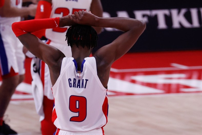 Mar 26, 2021; Detroit, Michigan, USA; Detroit Pistons forward Jerami Grant (9) reacts after the game against the Brooklyn Nets at Little Caesars Arena. Mandatory Credit: Rick Osentoski-USA TODAY Sports