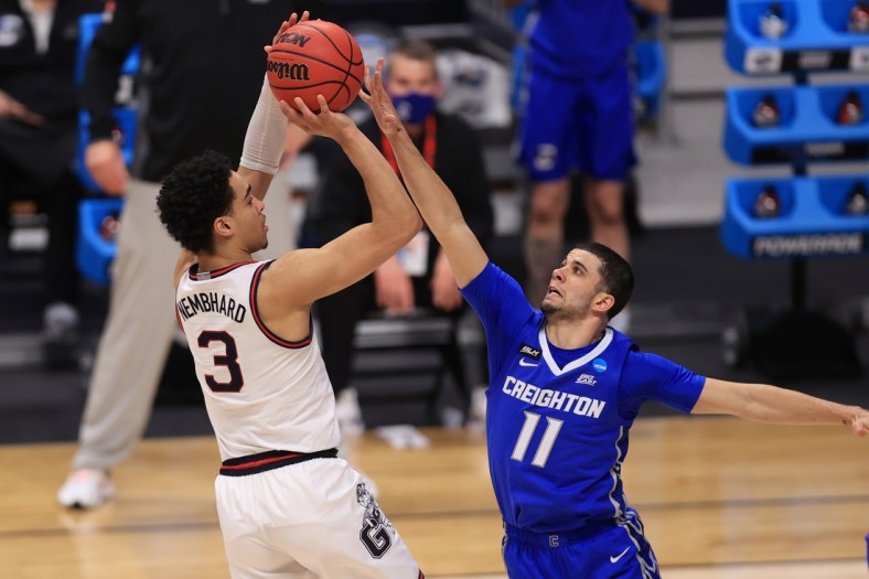 Mar 28, 2021; Indianapolis, IN, USA; Gonzaga Bulldogs guard Andrew Nembhard (3) shoots the ball against Creighton Bluejays guard Marcus Zegarowski (11) in the first half during the Sweet 16 of the 2021 NCAA Tournament at Hinkle Fieldhouse.  Mandatory Credit: Aaron Doster-USA TODAY Sports