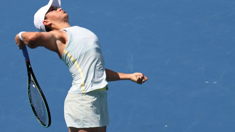 Mar 30, 2021; Miami, Florida, USA; Ashleigh Barty of Australia serves against Aryna Sabalenka of Belarus (not pictured) in a women's singles quarterfinal in the Miami Open at Hard Rock Stadium. Mandatory Credit: Geoff Burke-USA TODAY Sports