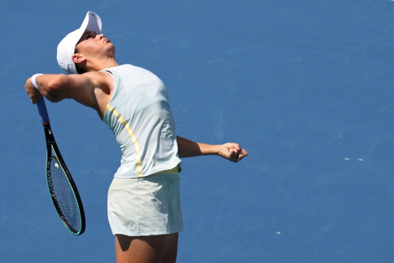 Mar 30, 2021; Miami, Florida, USA; Ashleigh Barty of Australia serves against Aryna Sabalenka of Belarus (not pictured) in a women's singles quarterfinal in the Miami Open at Hard Rock Stadium. Mandatory Credit: Geoff Burke-USA TODAY Sports