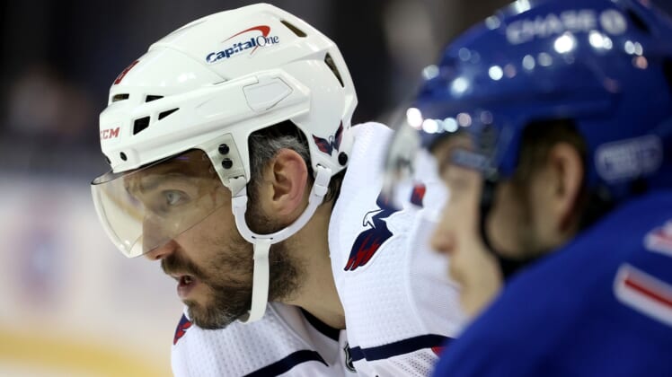 Mar 30, 2021; New York, New York, USA; Washington Capitals left wing Alex Ovechkin (8) looks on against the New York Rangers during a game at Madison Square Garden. Mandatory Credit: Al Bello/POOL PHOTOS-USA TODAY Sports