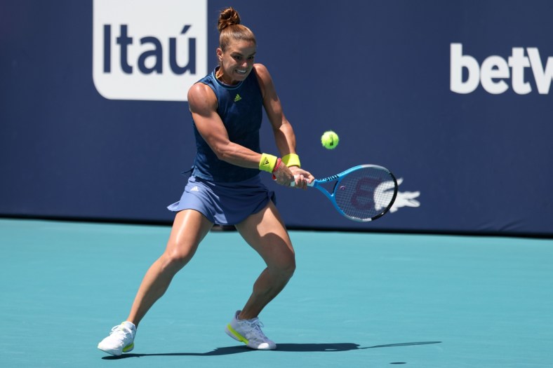 Mar 31, 2021; Miami, Florida, USA; Maria Sakkari of Greece hits a backhand against Naomi Osaka of Japan (not pictured) in a women's singles quarterfinal hits a forehand against in the Miami Open at Hard Rock Stadium. Mandatory Credit: Geoff Burke-USA TODAY Sports