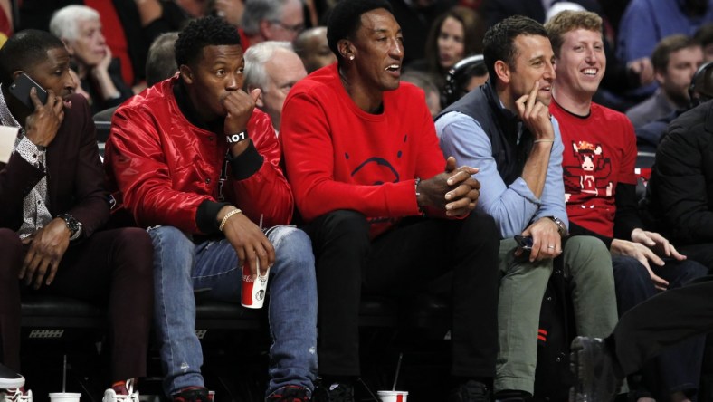 Apr 21, 2017; Chicago, IL, USA; Former Chicago Bull Scottie Pippen attends game three of the first round of the 2017 NBA Playoffs against the Boston Celtics at United Center. Mandatory Credit: Caylor Arnold-USA TODAY Sports