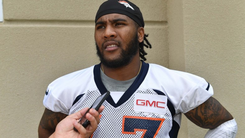 Jun 5, 2017; Englewood, CO, USA; Denver Broncos strong safety T.J. Ward (43) following organized training activities at the UCHealth Training Center. Mandatory Credit: Ron Chenoy-USA TODAY Sports