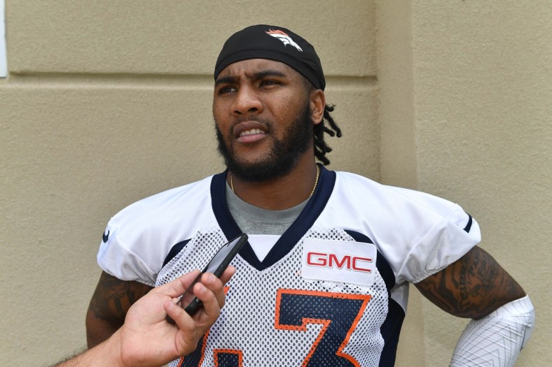 Jun 5, 2017; Englewood, CO, USA; Denver Broncos strong safety T.J. Ward (43) following organized training activities at the UCHealth Training Center. Mandatory Credit: Ron Chenoy-USA TODAY Sports