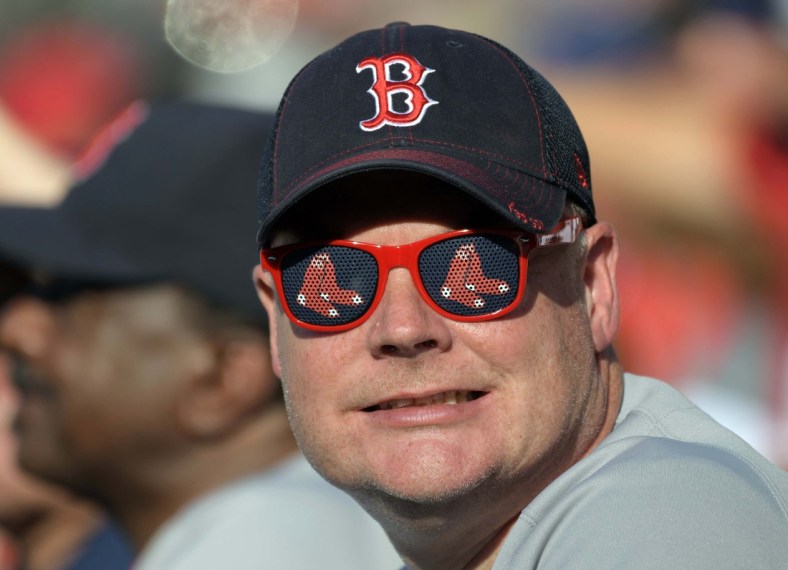 Jul 22, 2017; Anaheim, CA, USA; A fan of the Boston Red Sox wears Red Sox logo sunglasses during a MLB baseball game against the Los Angeles Angels at Angel Stadium of Anaheim. Mandatory Credit: Kirby Lee-USA TODAY Sports