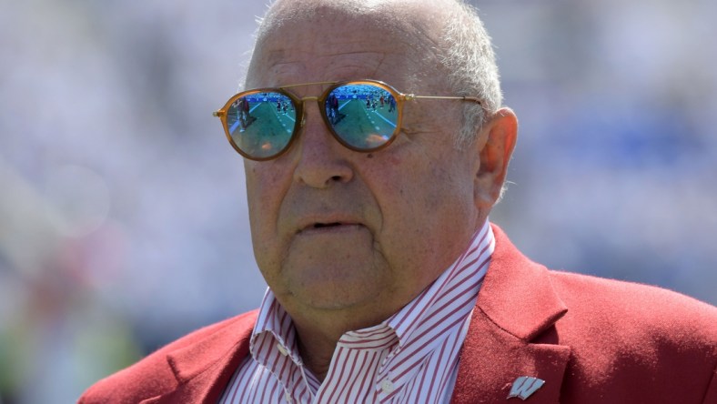 Sep 16, 2017; Provo, UT, USA; Wisconsin Badgers athletic director Barry Alvarez reacts during a NCAA football game against the Brigham Young Cougars at LaVell Edwards Stadium. Mandatory Credit: Kirby Lee-USA TODAY Sports