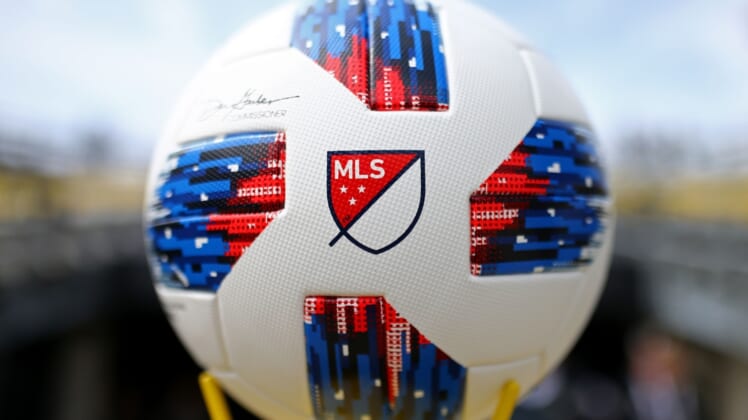 Mar 31, 2018; Columbus, OH, USA; A view of the MLS logo on the official game ball prior to the game of the Vancouver Whitecaps against the Columbus Crew SC at MAPFRE Stadium. Mandatory Credit: Aaron Doster-USA TODAY Sports