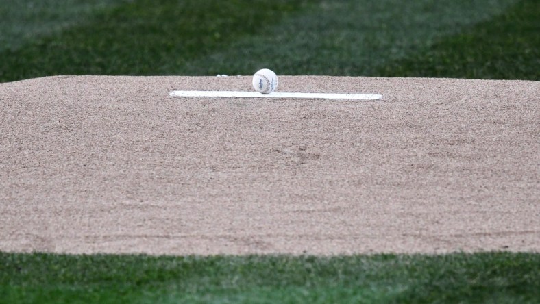 Apr 13, 2018; Cleveland, OH, USA; General view of a game ball on the pitcher's mound before a game between the Cleveland Indians and the Toronto Blue Jays at Progressive Field. Mandatory Credit: David Richard-USA TODAY Sports