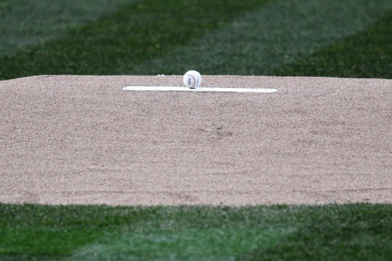 Apr 13, 2018; Cleveland, OH, USA; General view of a game ball on the pitcher's mound before a game between the Cleveland Indians and the Toronto Blue Jays at Progressive Field. Mandatory Credit: David Richard-USA TODAY Sports