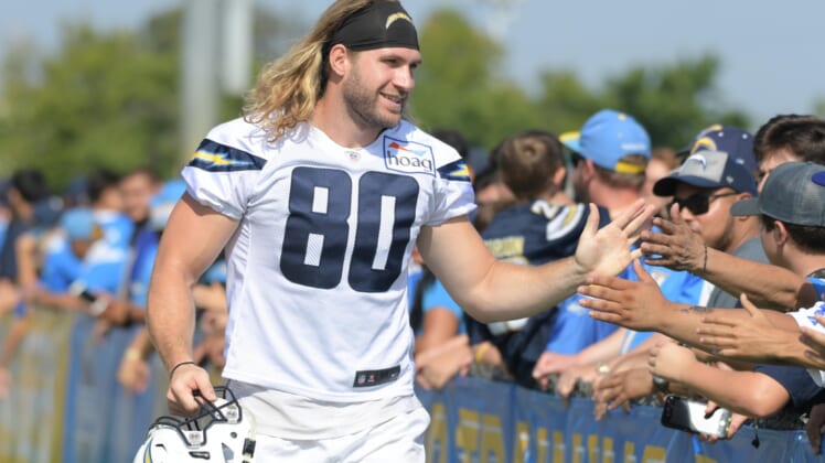 Jul 29, 2018; Costa Mesa, CA, USA; Los Angeles Chargers tight end Sean Culkin (80) is greeted by fans during training camp at Jack R. Hammett Sports Complex. Mandatory Credit: Kirby Lee-USA TODAY Sports