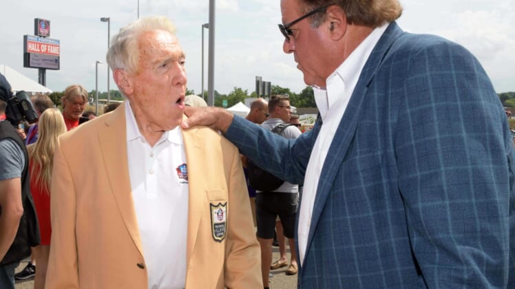 Aug 3, 2018; Canton, OH, USA; Buffalo Bills former coach Marv Levy (left) talks with ESPN broadcaster Chris Berman at the Pro Football Hall of Fame. Mandatory Credit: Kirby Lee-USA TODAY Sports