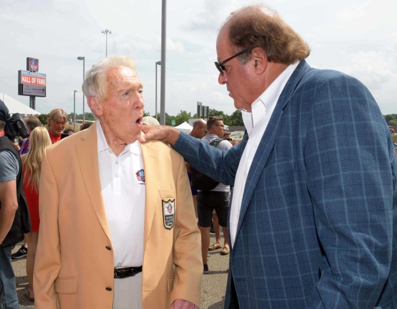 Aug 3, 2018; Canton, OH, USA; Buffalo Bills former coach Marv Levy (left) talks with ESPN broadcaster Chris Berman at the Pro Football Hall of Fame. Mandatory Credit: Kirby Lee-USA TODAY Sports