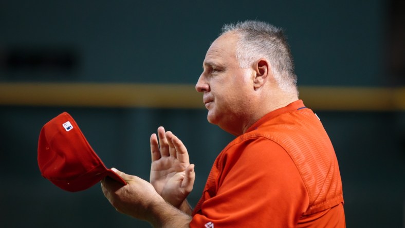 Aug 21, 2018; Phoenix, AZ, USA; Los Angeles Angels manager Mike Scioscia against the Arizona Diamondbacks at Chase Field. Mandatory Credit: Mark J. Rebilas-USA TODAY Sports