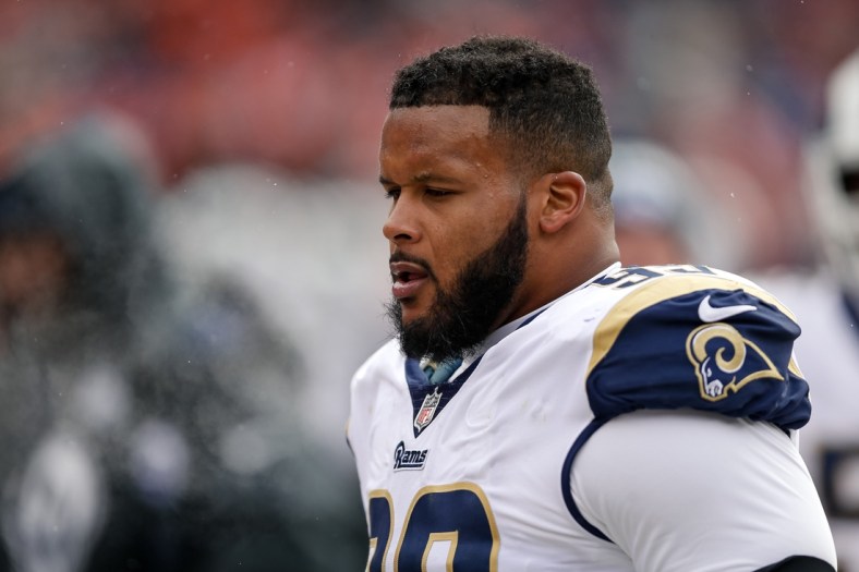 Oct 14, 2018; Denver, CO, USA; Los Angeles Rams defensive tackle Aaron Donald (99) reacts  in the first quarter against the Denver Broncos at Broncos Stadium at Mile High. Mandatory Credit: Isaiah J. Downing-USA TODAY Sports