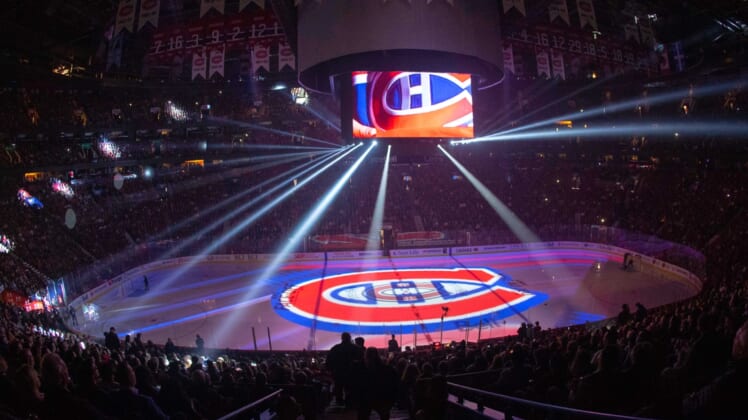 Oct 11, 2018; Montreal, Quebec, CAN; Logo of Montreal Canadiens team on ice as seen during a presentation before an opener game against Los Angeles Kings. Mandatory Credit: Jean-Yves Ahern-USA TODAY Sports