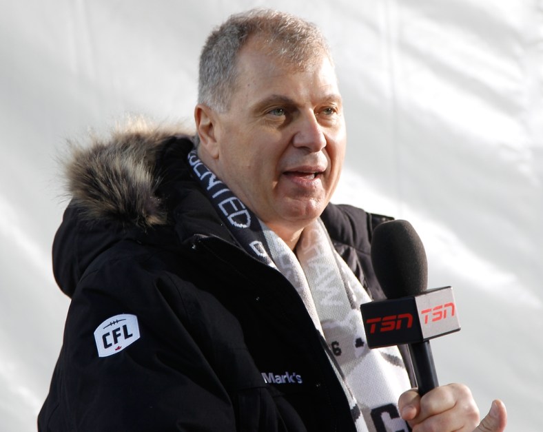 Nov 25, 2018; Edmonton, Alberta, CAN; CFL commissioner Randy Ambrosie during interview pre-game of the 106th Grey Cup game between the Ottawa Redblacks and Calgary Stampeders at The Brick Field at Commonwealth Stadium. Calgary defeated Ottawa. Mandatory Credit: John E. Sokolowski-USA TODAY Sports