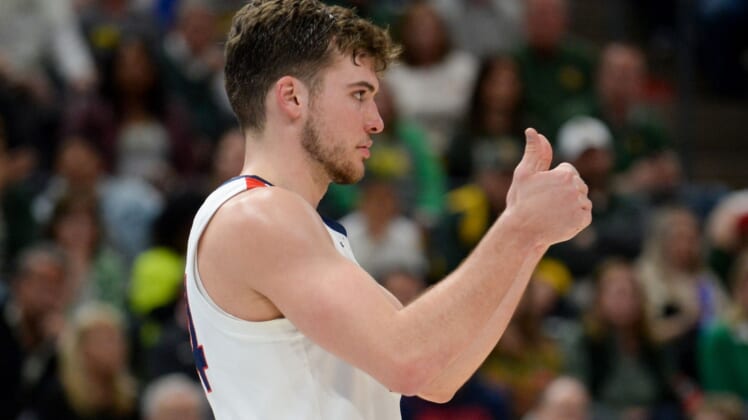Mar 23, 2019; Salt Lake City, UT, USA; Gonzaga Bulldogs forward Corey Kispert (24) during the second half in the second round of the 2019 NCAA Tournament against the Baylor Bears at Vivint Smart Home Arena. Mandatory Credit: Gary A. Vasquez-USA TODAY Sports