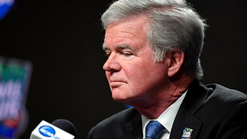 Apr 4, 2019; Minneapolis, MN, USA; NCAA president Mark Emmert speaks during a press conference at U.S. Bank Stadium. Mandatory Credit: Robert Deutsch-USA TODAY Sports