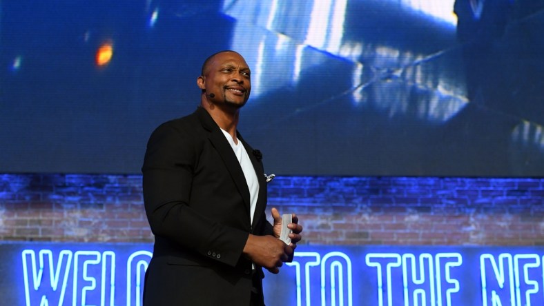 Apr 25, 2019; Nashville, TN, USA; Eddie George on stage prior to the first round of the 2019 NFL Draft in Downtown Nashville. Mandatory Credit: Christopher Hanewinckel-USA TODAY Sports