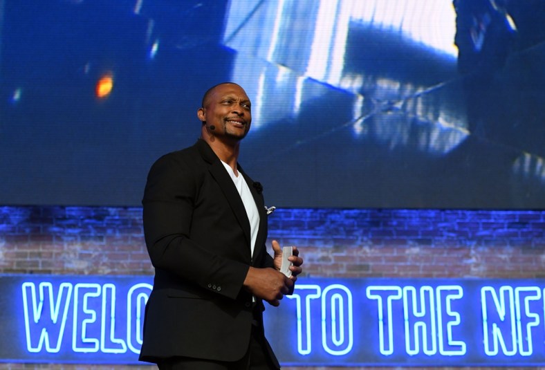 Apr 25, 2019; Nashville, TN, USA; Eddie George on stage prior to the first round of the 2019 NFL Draft in Downtown Nashville. Mandatory Credit: Christopher Hanewinckel-USA TODAY Sports