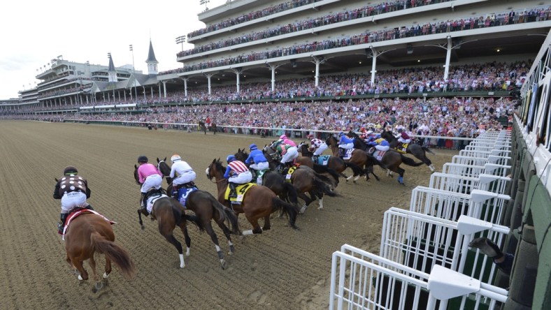 May 3, 2019; Louisville, KY, USA; A general view at the start of the 145th running of the Kentucky Oaks at Churchill Downs. Mandatory Credit: Jamie Rhodes-USA TODAY Sports