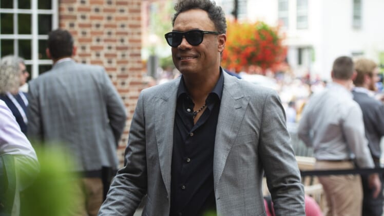 Jul 20, 2019; Cooperstown, NY, USA; Hall of Famer Roberto Alomar arrives at the National Baseball Hall of Fame during the Parade of Legends. Mandatory Credit: Gregory J. Fisher-USA TODAY Sports