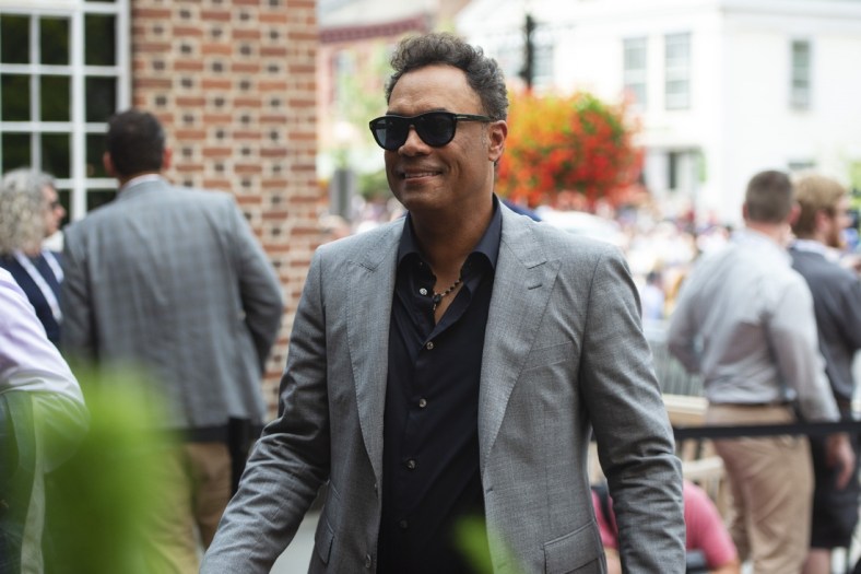 Jul 20, 2019; Cooperstown, NY, USA; Hall of Famer Roberto Alomar arrives at the National Baseball Hall of Fame during the Parade of Legends. Mandatory Credit: Gregory J. Fisher-USA TODAY Sports