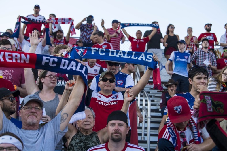 Aug 25, 2019; Frisco, TX, USA; A view of the fans and their flags and scarves during the game between FC Dallas and the Houston Dynamo at Toyota Stadium. Mandatory Credit: Jerome Miron-USA TODAY Sports