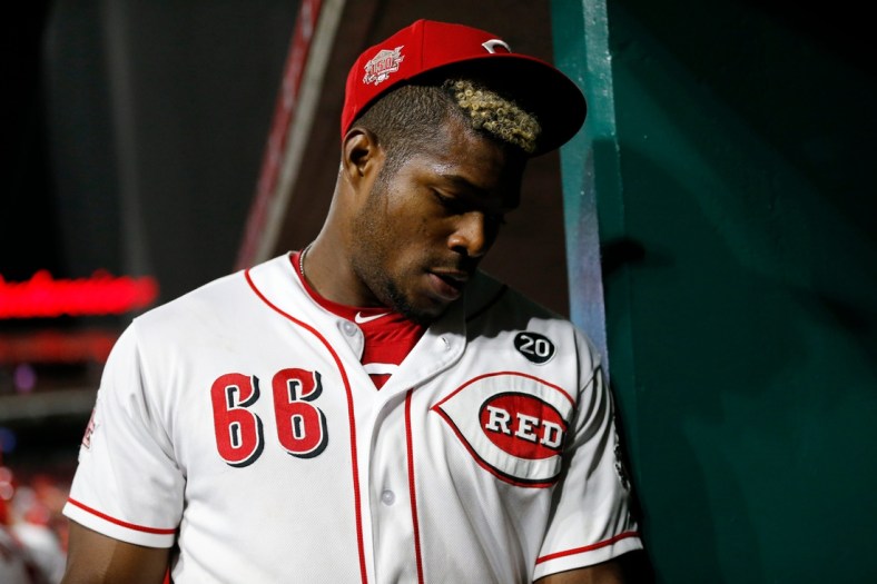 Cincinnati Reds right fielder Yasiel Puig (66) exits the field for the final time as a Reds player at the end of the top of the ninth inning of the MLB National League game between the Cincinnati Reds and the Pittsburgh Pirates at Great American Ball Park in downtown Cincinnati on Tuesday, July 30, 2019. The Pirates won 11-4.

Pittsburgh Pirates At Cincinnati Reds