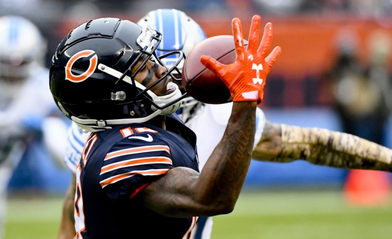 Nov 10, 2019; Chicago, IL, USA; Chicago Bears wide receiver Taylor Gabriel (18) catches a pass against Detroit Lions defensive back Mike Ford (38) in the first half at Soldier Field. Mandatory Credit: Matt Marton-USA TODAY Sports