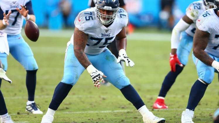 Nov 3, 2019; Charlotte, NC, USA; Tennessee Titans offensive guard Jamil Douglas (75) lines up during the game against the Carolina Panthers at Bank of America Stadium. Mandatory Credit: Jeremy Brevard-USA TODAY Sports