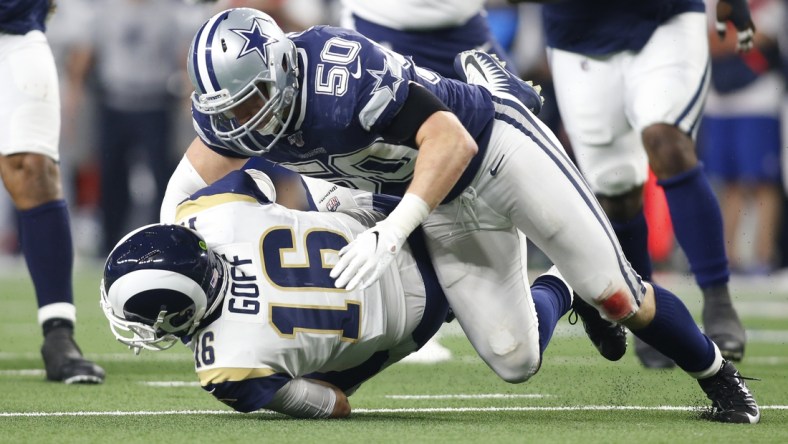 Dec 15, 2019; Arlington, TX, USA; Dallas Cowboys outside linebacker Sean Lee (50) sacks Los Angeles Rams quarterback Jared Goff (16) in the third quarter at AT&T Stadium. Mandatory Credit: Tim Heitman-USA TODAY Sports