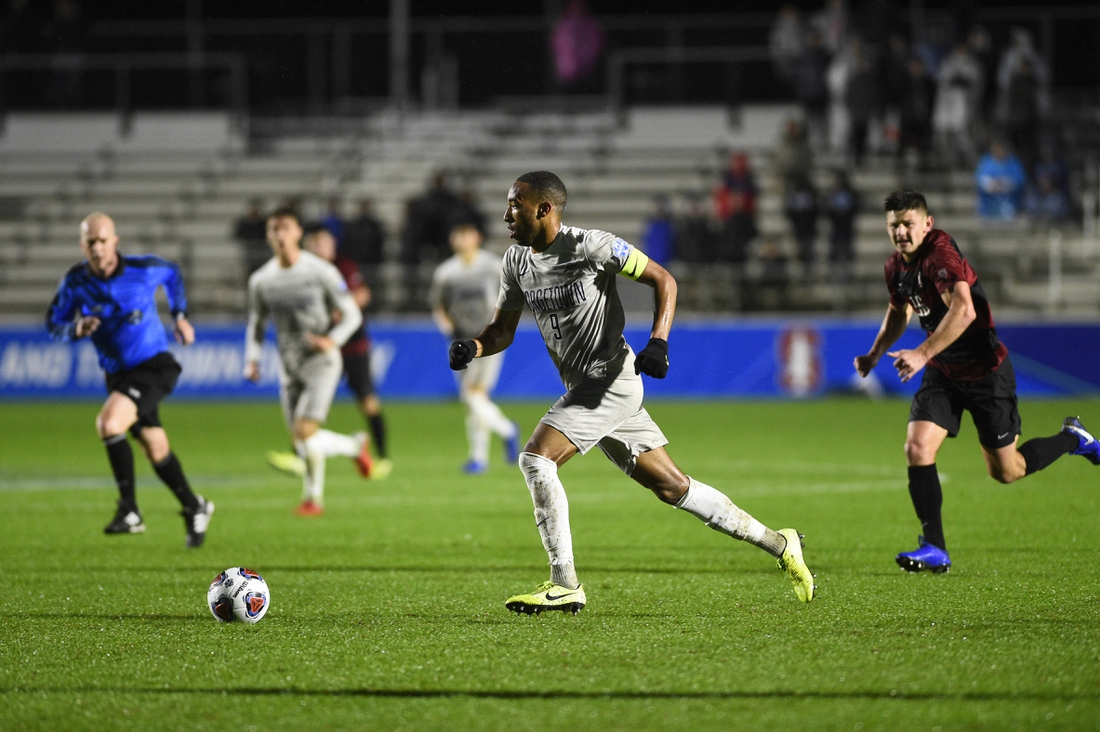 Dec 13, 2019; Cary, NC, USA; Georgetown Hoyas forward Derek Dodson (9) dribbles in the first half at WakeMed Soccer Park. Mandatory Credit: Bob Donnan-USA TODAY Sports