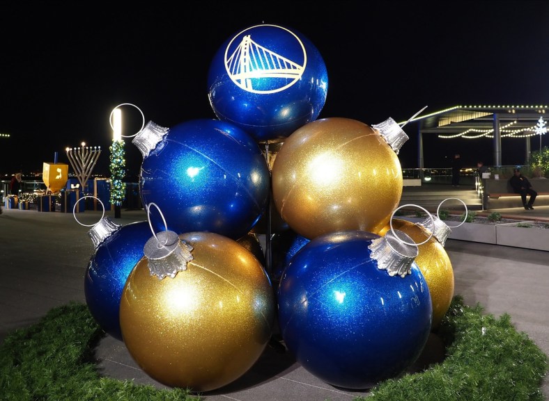 Dec 23, 2019; San Francisco, California, USA; Decorative oversize ornaments with Golden State Warriors logo on display outside Chase Center before the game against the Minnesota Timberwolves. Mandatory Credit: Kelley L Cox-USA TODAY Sports