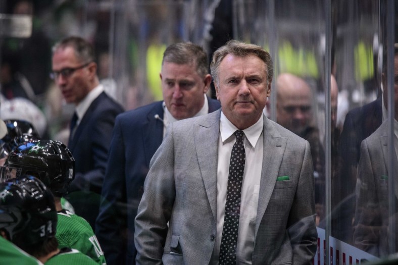 Dec 10, 2019; Dallas, TX, USA; Dallas Stars interim head coach Rick Bowness during the game between the Devils and the Stars at the American Airlines Center. Mandatory Credit: Jerome Miron-USA TODAY Sports