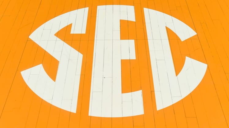 Jan 4, 2020; Knoxville, Tennessee, USA; SEC logo on the court at Thompson-Boling Arena before a game between the Tennessee Volunteers and LSU Tigers. Mandatory Credit: Bryan Lynn-USA TODAY Sports