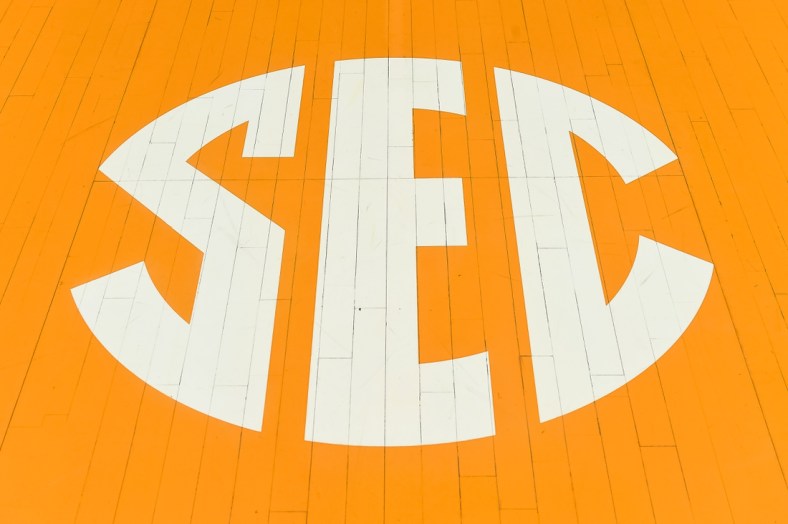 Jan 4, 2020; Knoxville, Tennessee, USA; SEC logo on the court at Thompson-Boling Arena before a game between the Tennessee Volunteers and LSU Tigers. Mandatory Credit: Bryan Lynn-USA TODAY Sports