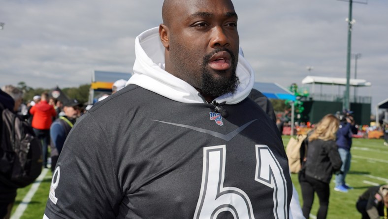 Jan 22, 2020; Kissimmiee, Florida, USA; Oakland Raiders center Rodney Hudson (61) during AFC practice at ESPN Wide World of Sports. Mandatory Credit: Kirby Lee-USA TODAY Sports