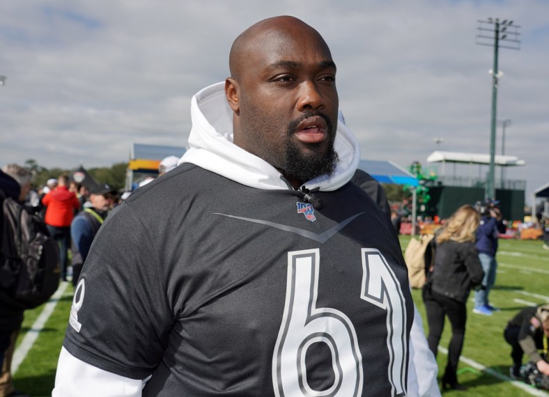 Jan 22, 2020; Kissimmiee, Florida, USA; Oakland Raiders center Rodney Hudson (61) during AFC practice at ESPN Wide World of Sports. Mandatory Credit: Kirby Lee-USA TODAY Sports