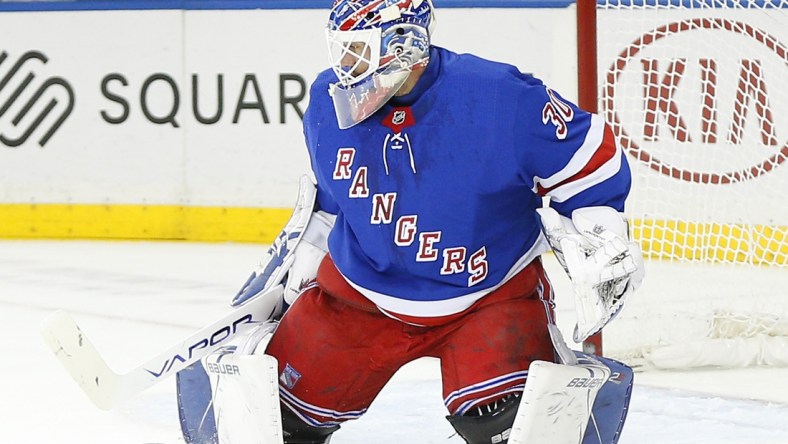 Feb 3, 2020; New York, New York, USA; New York Rangers goaltender Henrik Lundqvist (30) makes a save against the Dallas Stars during the first period at Madison Square Garden. Mandatory Credit: Andy Marlin-USA TODAY Sports