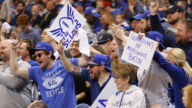 Feb 23, 2020; St. Louis, Missouri, USA; St. Louis Battlehawks fans cheer during the second half of an XFL game against the NY Guardians at The Dome at America's Center. Mandatory Credit: Billy Hurst-USA TODAY Sports