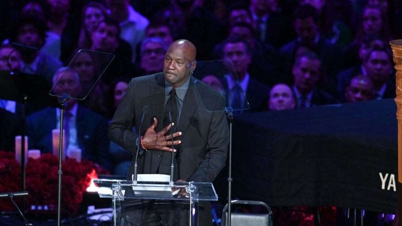 Feb 24, 2020; Los Angeles, California, USA;   NBA legend Michael Jordan speaks to the audience during the memorial to celebrate the life of Kobe Bryant and daughter Gianna Bryant at Staples Center. Mandatory Credit: Robert Hanashiro-USA TODAY Sports