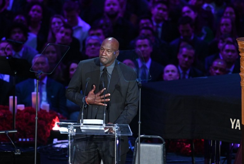 Feb 24, 2020; Los Angeles, California, USA;   NBA legend Michael Jordan speaks to the audience during the memorial to celebrate the life of Kobe Bryant and daughter Gianna Bryant at Staples Center. Mandatory Credit: Robert Hanashiro-USA TODAY Sports