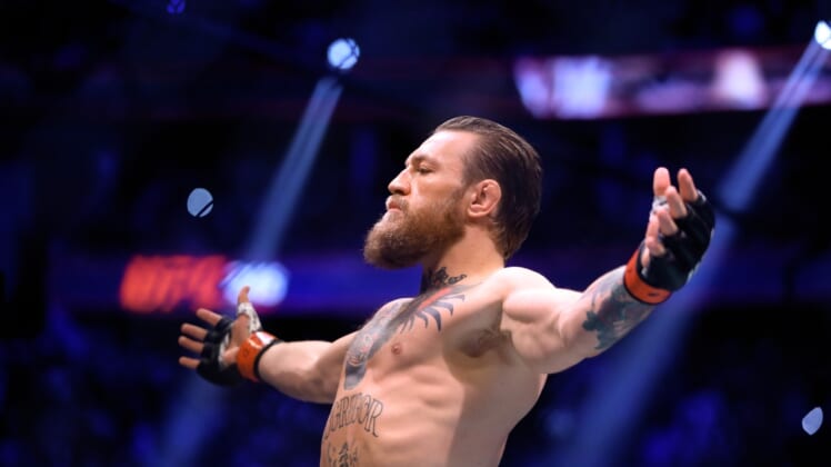 January 18, 2020; Las Vegas, Nevada, USA; Conor McGregor reacts during UFC 246 at T-Mobile Arena. Mandatory Credit: Mark J. Rebilas-USA TODAY Sports