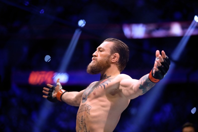 January 18, 2020; Las Vegas, Nevada, USA; Conor McGregor reacts during UFC 246 at T-Mobile Arena. Mandatory Credit: Mark J. Rebilas-USA TODAY Sports