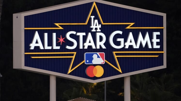 Jul 14, 2020; Los Angeles, California, United States; A 2022 MLB All Star game sign above the right field pavilion at Dodger Stadium. Mandatory Credit: Kirby Lee-USA TODAY Sports