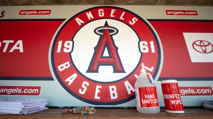 Jul 28, 2020; Anaheim, California, USA; Hand sanitizer in the Los Angeles Angels dugout prior to their game against the Seattle Mariners at Angel Stadium. Mandatory Credit: Angels Baseball via USA TODAY Sports